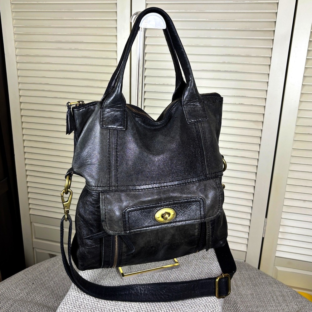 Vintage Y2K Fossil Black Leather Turn Lock Crossbody Tote Shoulder Bag Purse - Picture 2 of 6